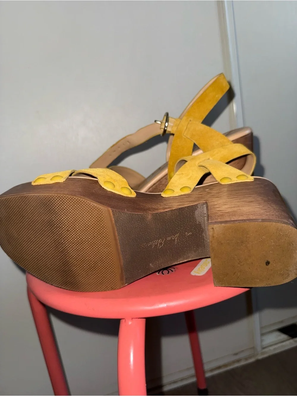 Sam Edelman Mustard Yellow Suede Platform Sandals with Wood-Look Block Heel